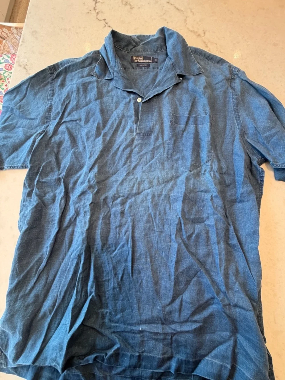Polo by Ralph Lauren Heathered Blue Short- 100% linen Sleeve Polo with Pocket! M